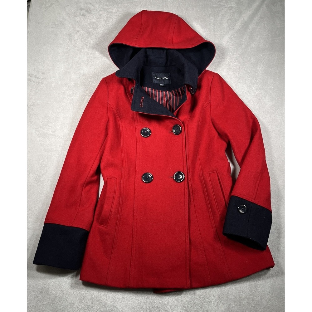 Nautica Women's Small Red Wool Blend Peacoat Hooded Double Breasted Jacket